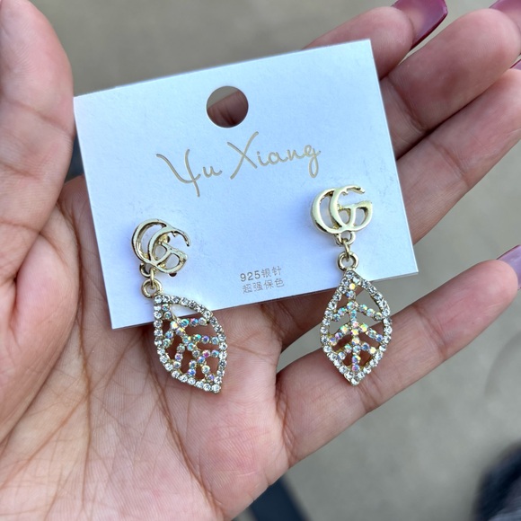 Gold Leaf Earrings with Multicolor Crystals - Picture 2 of 3